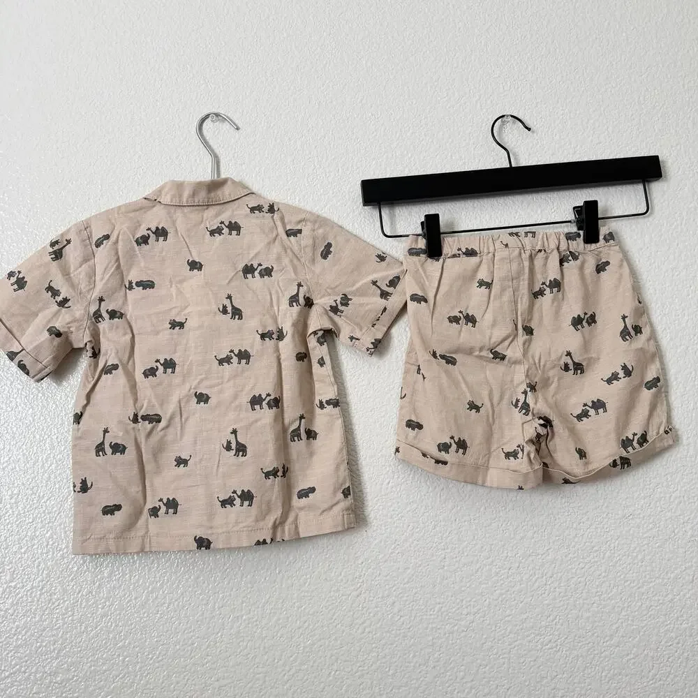 H&M Toddler Boy Tan Safari Desert Animal Print Button Up Shirt Shorts Set